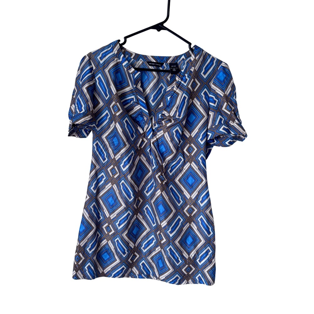 New York & Company 100% Silk Geometric Diamond V-Neck Blouse Blue Brown Small